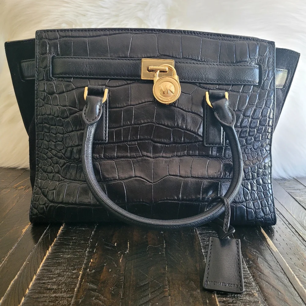 Michael Kors Black Croc Embossed Leather Tote